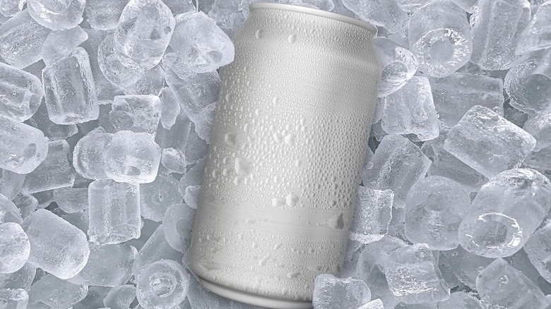 A silver can of water on ice