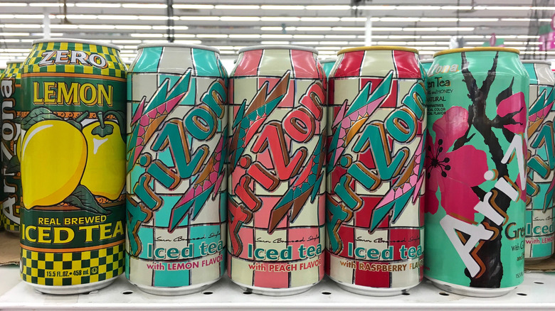 A lineup of AriZona Iced Tea cans