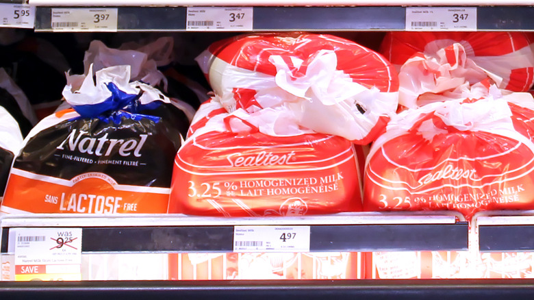 Bagged milk at grocery store