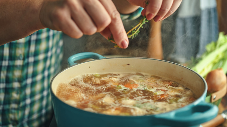 Pot of chicken noodle soup 