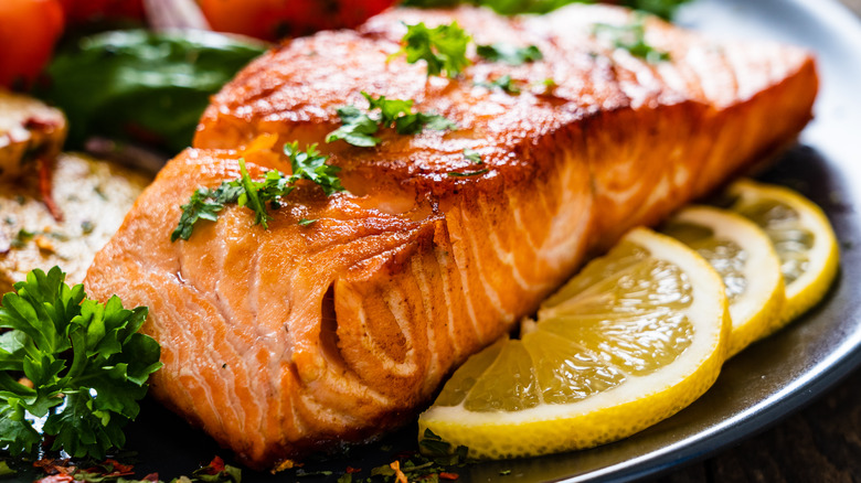 Fried salmon steak