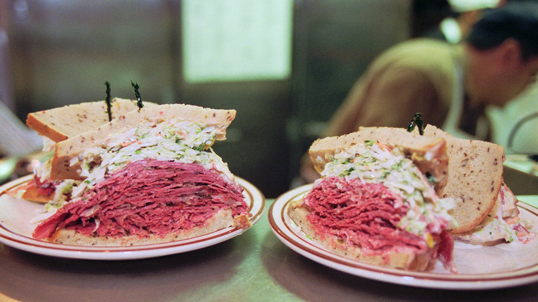 Close up of corned beef and coleslaw sandwiches at Naten Al Delicatessen