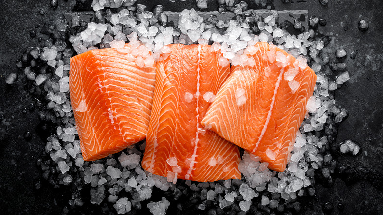 Three raw salmon filets on ice