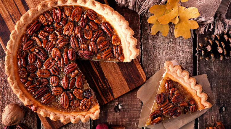 Pecan pie with slice cut out