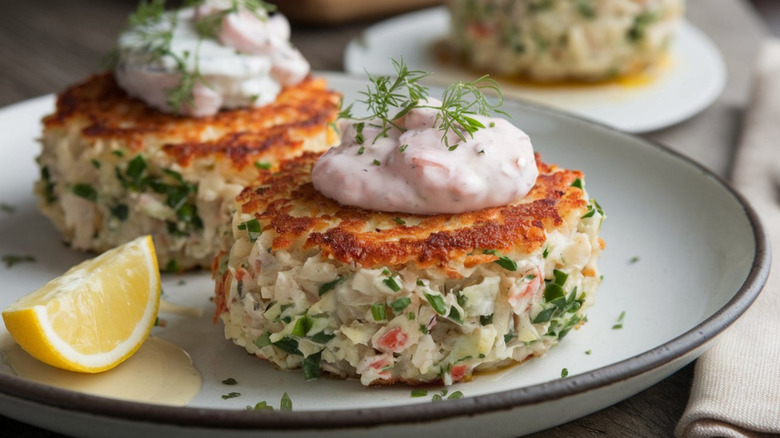 Two seared crab cakes topped with a creamy white sauce, and a lemon slice on the side
