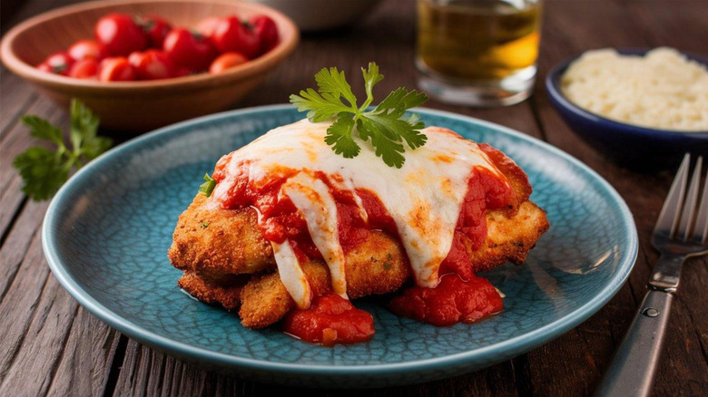 Parmesan chicken on blue plate