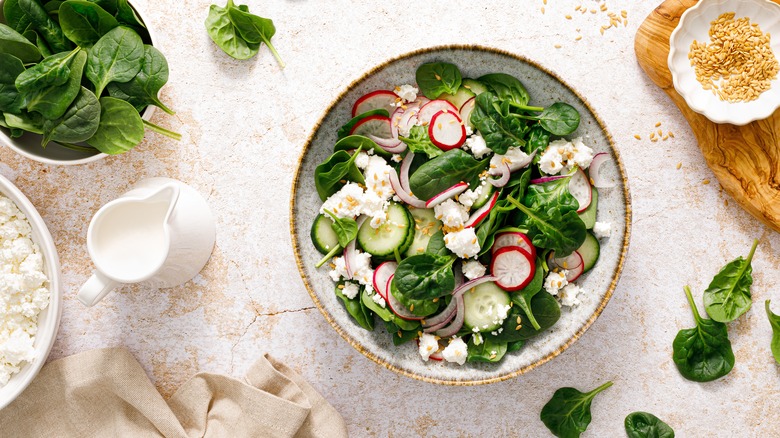 radish, spinach, cucumber, feta salad
