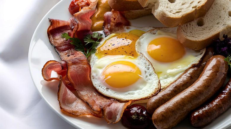 Classic full English breakfast on a wooden background.