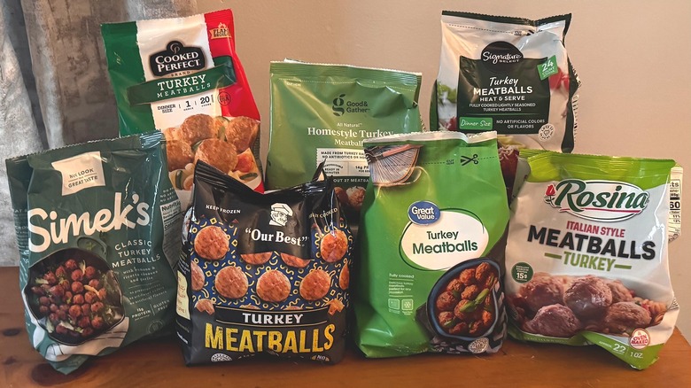 Bags of frozen turkey meatballs on table