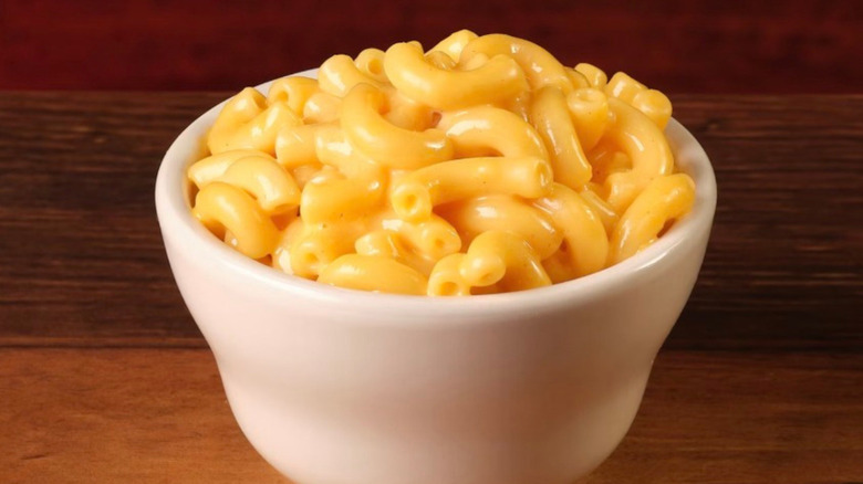 Small white bowl of Texas Roadhouse mac and cheese