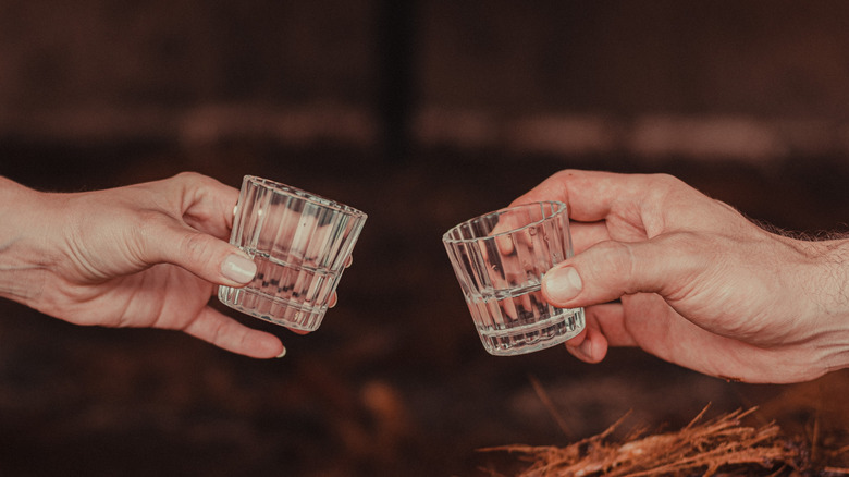 Two people clinking shot glasses.