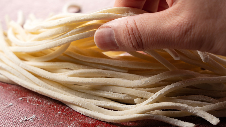 A hand holding freshly made udon noodles