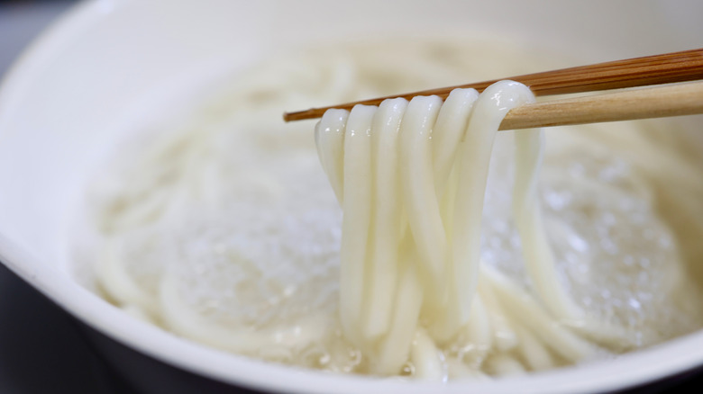 Udon noodles in boiling water