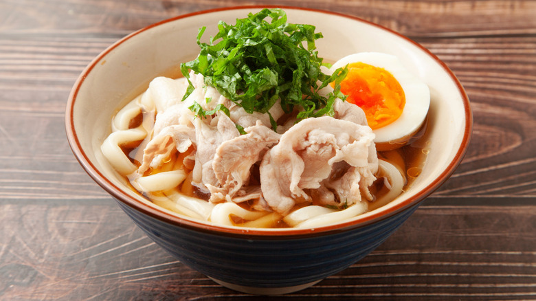 Udon noodle soup topped with boiled egg, meat, and chopped spring onions