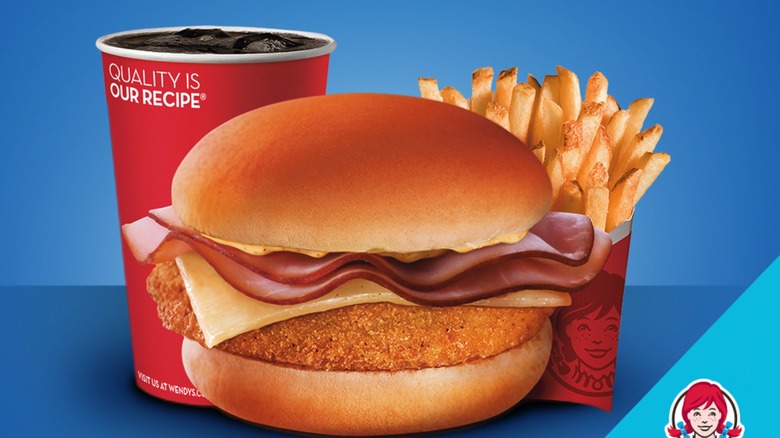 Wendy's chicken cordon bleu sandwich with fries and soda