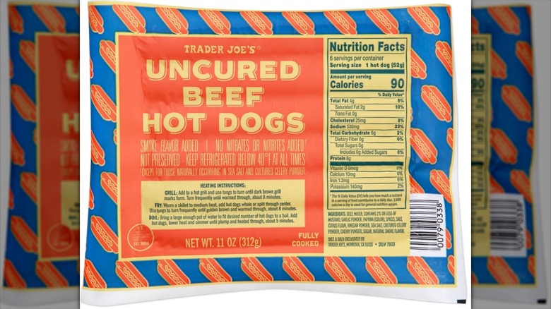 Package of Trader Joe's uncured beef hot dogs