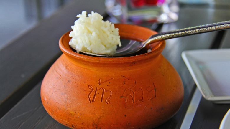 White rice in a red bowl