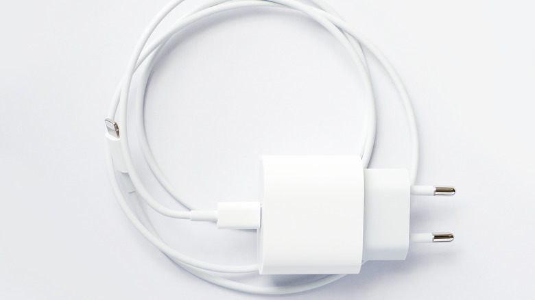 White phone charger with two-prongued adapter