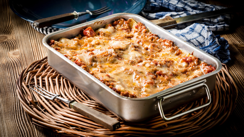 lasagna in a metal pan