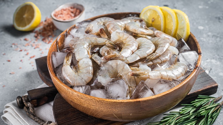 Bowl of thawed tiger shrimp