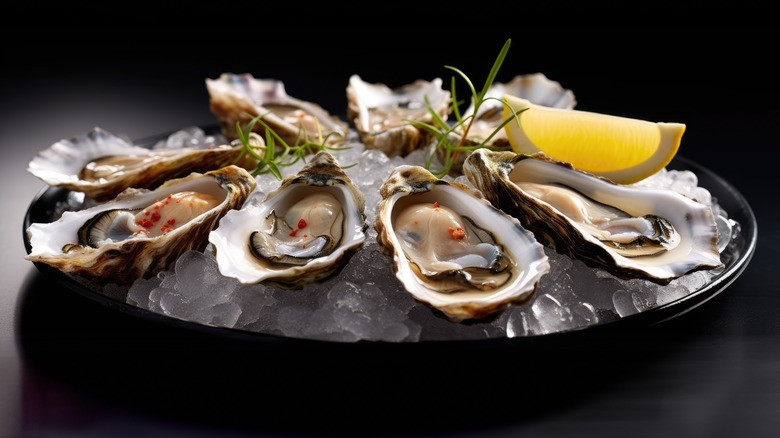 Tray of oysters in shells on ice