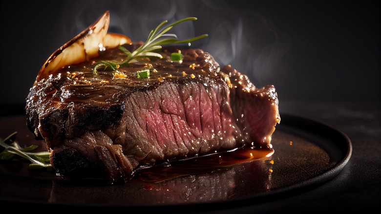 grilled ribeye steak with rosemary garnish