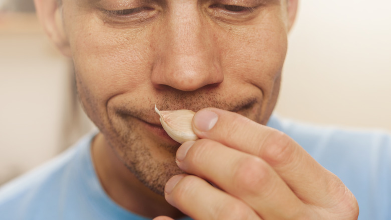 Man sniffing a garlic clove 