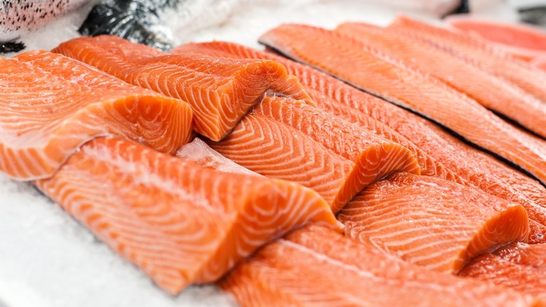 raw salmon filets with ice