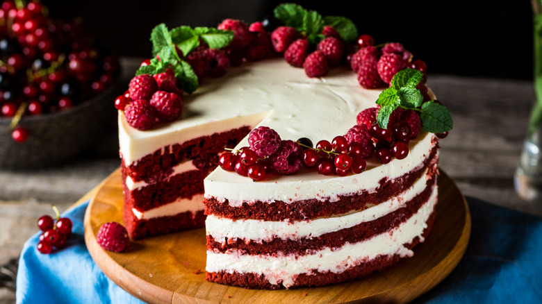 Red velvet cake garnished with berries