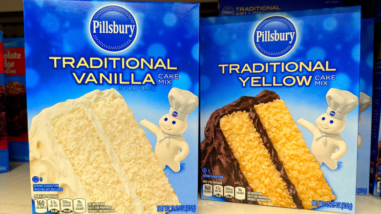Boxed cake mixes on shelf