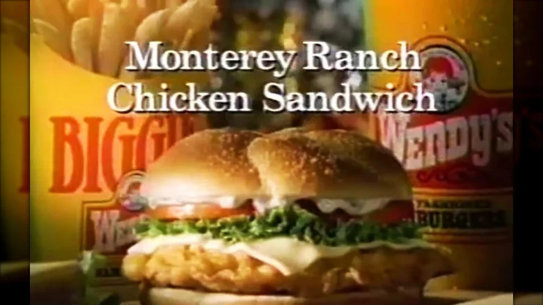 image from a 1993 TV ad featuring the Monterey Ranch Chicken Sandwich, fries, and a drink.