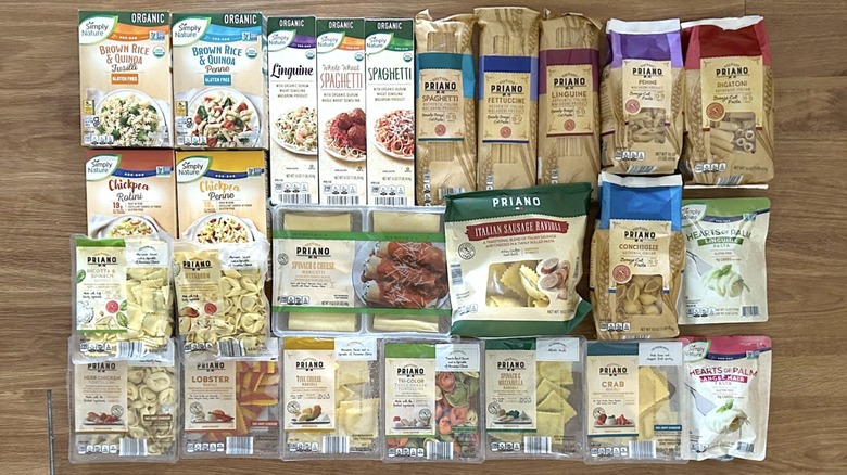 Selection of 25 different packaged dry and fresh pastas from Aldi