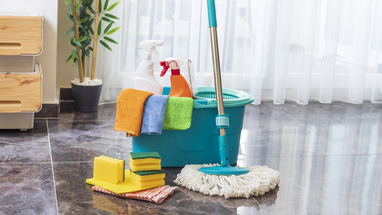 Plastic bucket and cleaning supplies