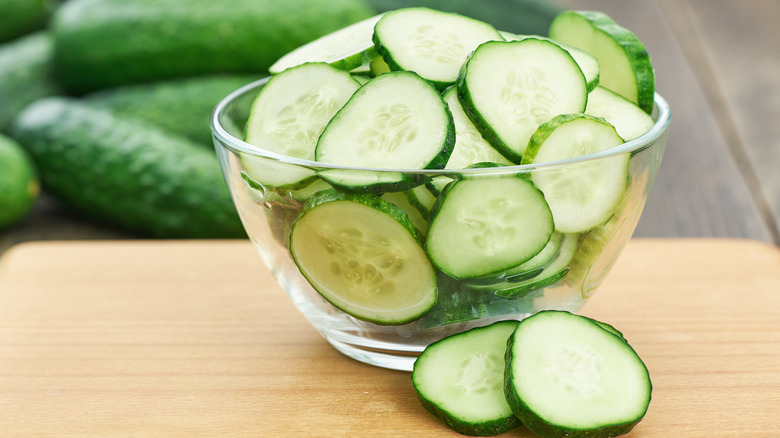 Sliced cucumber in bowl