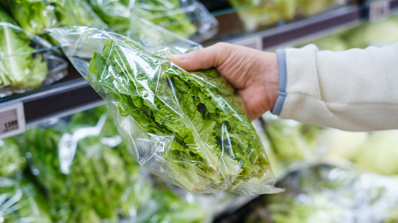 person holding a bag of lettuce in a grocery store