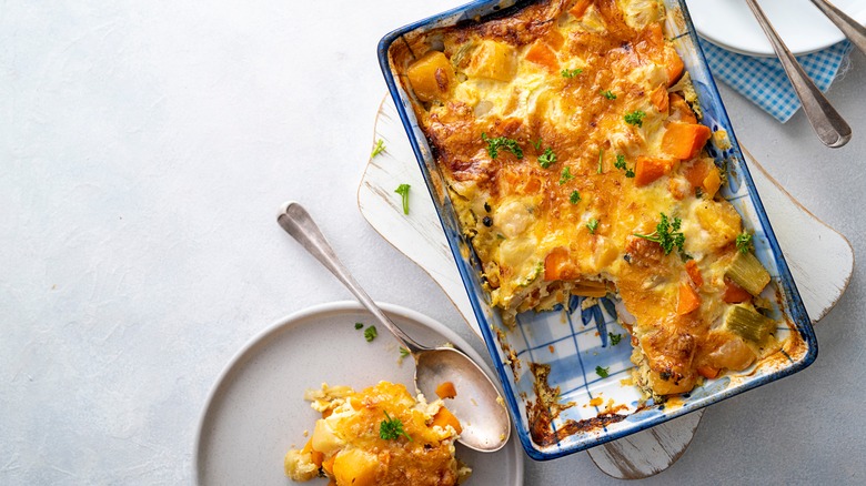 Vegetable casserole on white background