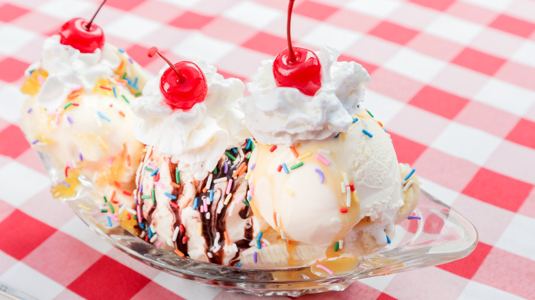 Banana split on a table