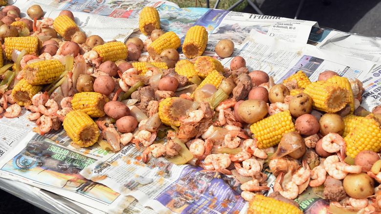 Seafood boil on newspaper