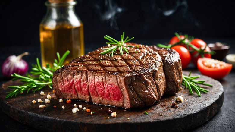Close up of a seared steak plated with rosemary and spices