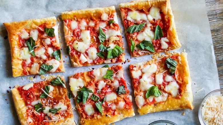 puff pastry margherita pizza cut into squares