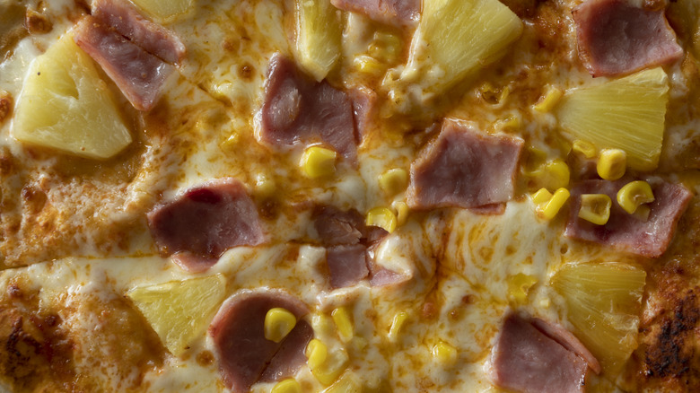 Close-up of Hawaiian pizza
