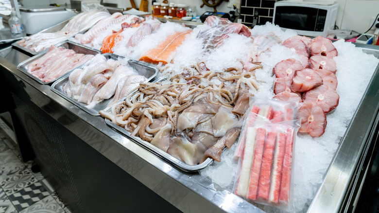 seafood on ice at store