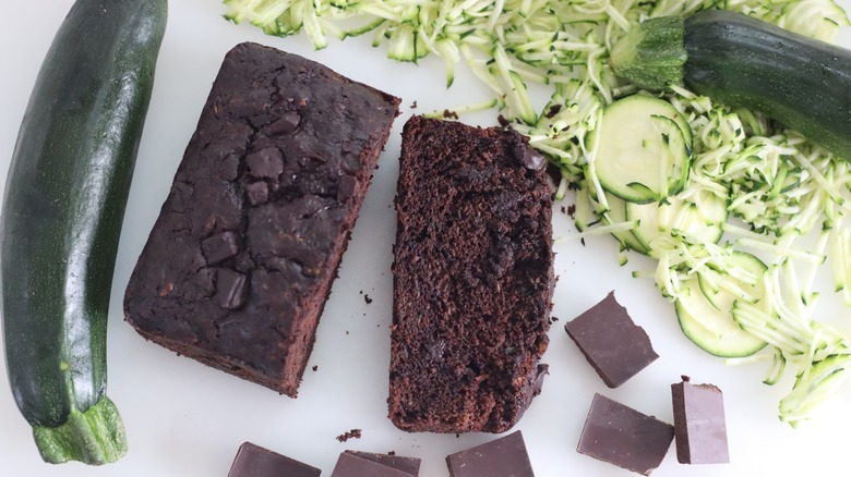 brownies and chocolate surrounded by grated zucchini